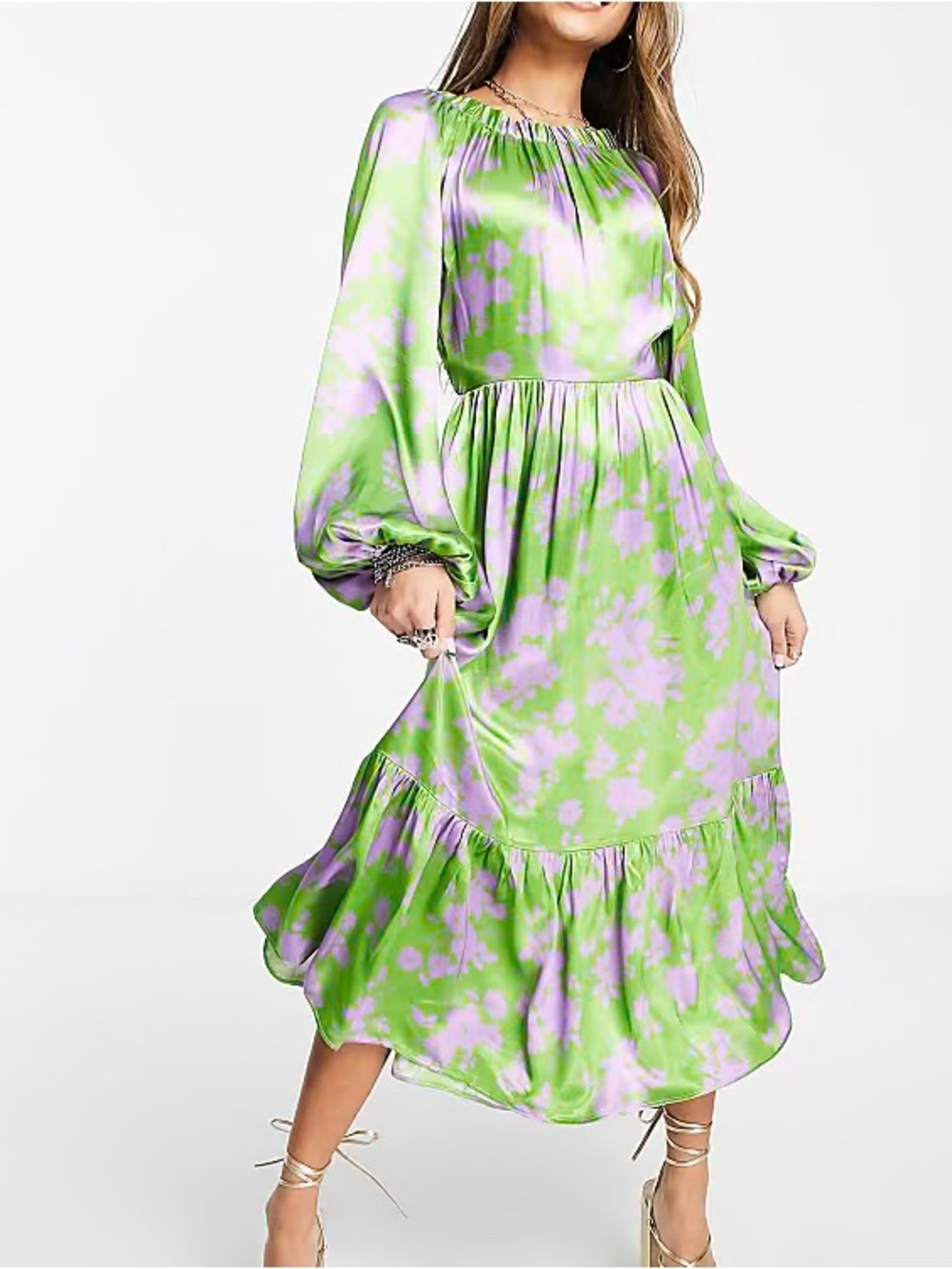 NWT TOPSHOP Satin elastic back occasion midi dress in green and purple